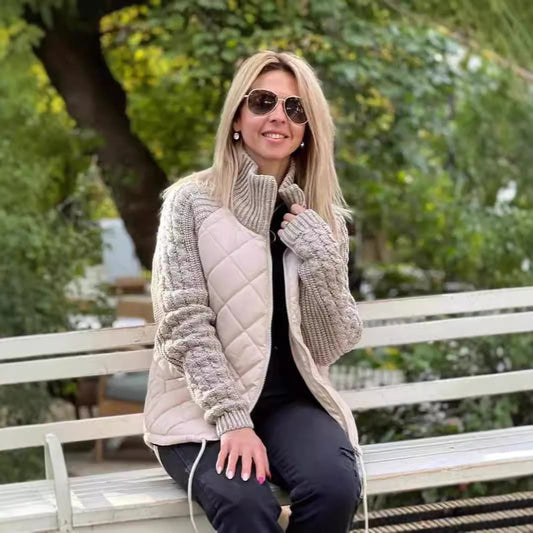 Damska, casualowa, jednokolorowa, patchworkowa kurtka zapinana na zamek